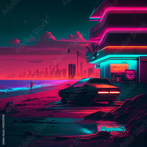 Cyberpunk beach summer street landscape with retro car. Sci-fi wallpaper. Futuristic city scene in a style of pixel art. 80's wallpaper. Urban scene. Generative Ai.