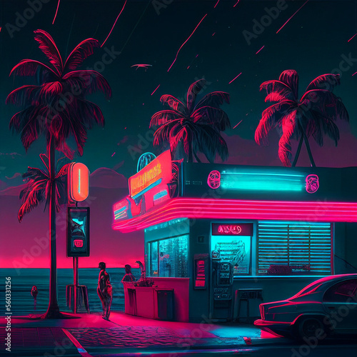 Cyberpunk beach summer street landscape with retro car. Sci-fi wallpaper. Futuristic city scene in a style of pixel art. 80's wallpaper. Urban scene. Generative Ai.