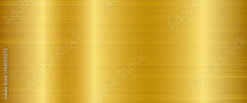 Vector realistic gold metal background. Yellow chrome reflective pattern. Shiny iron industrial plate. Glossy metallic horizontal banner. Heavy golden plate, front view. Painted steel texture