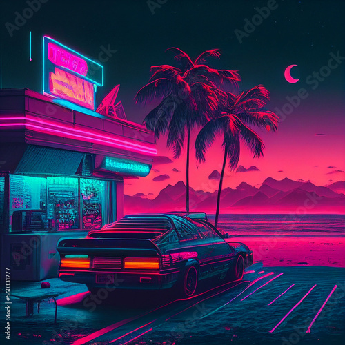 Cyberpunk beach summer street landscape with retro car. Sci-fi wallpaper. Futuristic city scene in a style of pixel art. 80's wallpaper. Urban scene. Generative Ai.