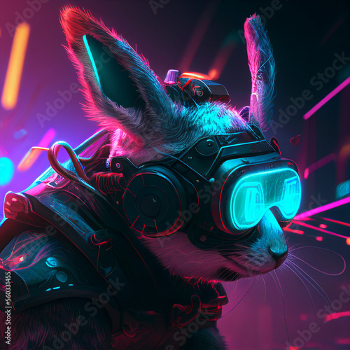Cyberpunk bunny character in futuristic neon light city background wearing VR glasses. Futuristic city scene in a style of pixel art. 80's wallpaper. Retro future 3D illustration. Generative Ai.