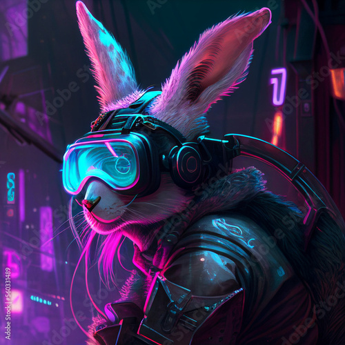 Cyberpunk bunny character in futuristic neon light city background wearing VR glasses. Futuristic city scene in a style of pixel art. 80's wallpaper. Retro future 3D illustration. Generative Ai.