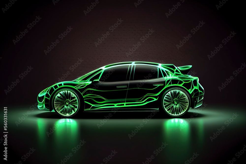 Futuristic electric car silhouette in motion on dark background