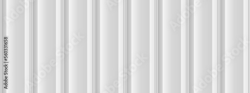 Vector white metal vertical lines 3d wall. Gray plastic home siding texture. Metallic grey striped fence. Interior wall corrugated pattern. Silver realistic striped floor background. Light wood plank