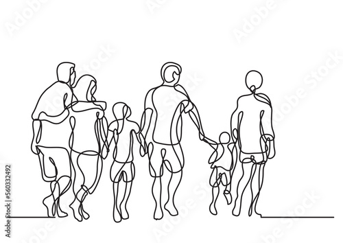 continuous line drawing happy extended family walking - PNG image with transparent background
