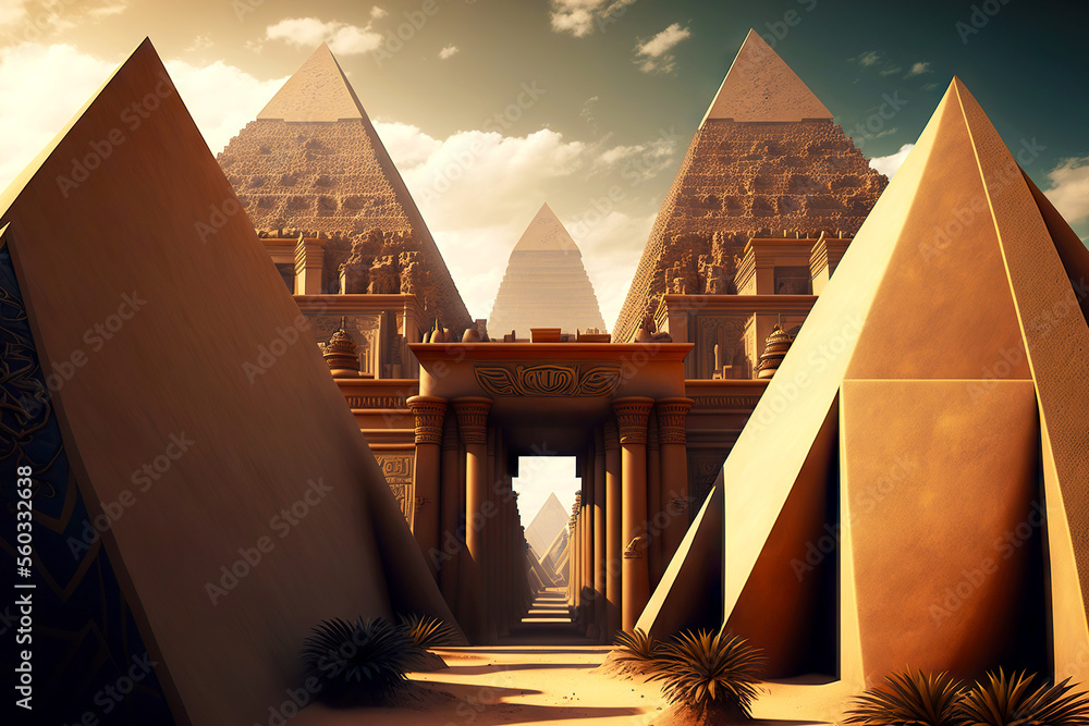egyptian pyramids with columns and architectural structures Stock ...