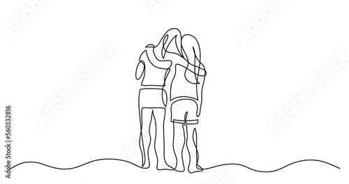 Obraz na płótnie continuous line drawing of two teenage girls hugging each other - PNG image with