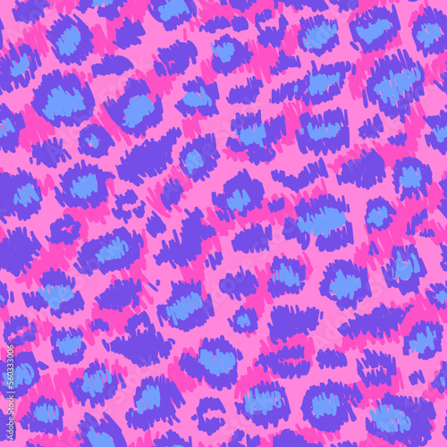 Psychedelic pink leopard vector seamless pattern. Animal skin texture in retro 1980 - 1990's fashion style, trendy neon colors, abstract shape. Design for textile, wrapping paper, greeting cards.