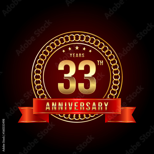 33th Anniversary. Anniversary logo design with gold color text and red ribbon for anniversary celebration event. Logo Vector Illustration
