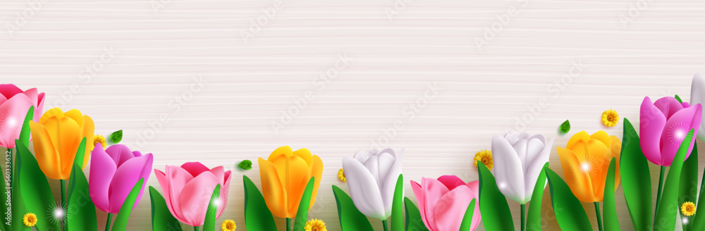 Spring tulip flowers vector background design. Women's day and mother's day greeting card with colorful tulip flowers for holiday celebration banner. Vector Illustration. 