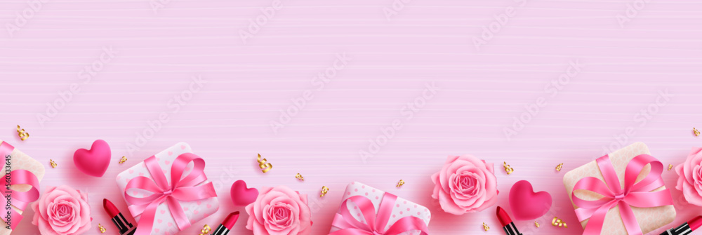 Women's day vector background design. Happy mother's day greeting and invitation card with gifts, flowers and heart decoration elements in pink background. Vector Illustration. 