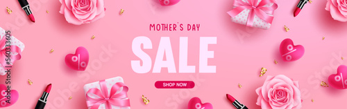 Mother's day sale vector banner design. Happy mother's day promo discount text with gifts, lipstick and flowers elements for holiday celebration ads background. Vector Illustration. 
