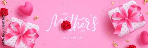 Happy mother's day text vector design. Mother's day greeting typography with gift boxes elements for international celebration background. Vector Illustration. 