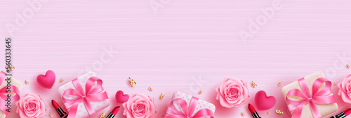 Women's day vector background design. Happy mother's day greeting and invitation card with gifts, flowers and heart decoration elements in pink background. Vector Illustration. 