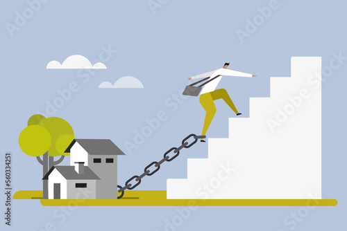 Conceptual illustration of a man tied up with his house unable to climb up in his career