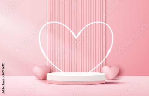 Pink podium display background products for valentine’s day in love platform. stand to show cosmetic with craft style. symbols of love for happy. vector design.