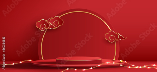 Podium stage chinese style for chinese new year and festivals or mid autumn festival with red background. mock up stage with festive lanterns and clouds. vector design.