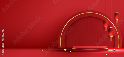 Podium stage chinese style for chinese new year and festivals or mid autumn festival with red background. mock up stage with festive lanterns and clouds. vector design.