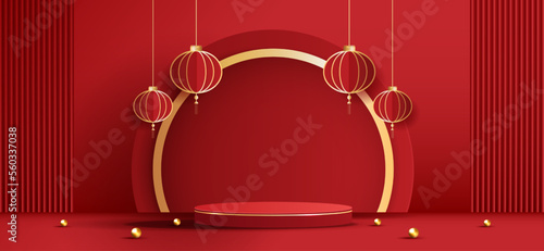 Podium stage chinese style for chinese new year and festivals or mid autumn festival with red background. mock up stage with festive lanterns and clouds. vector design.