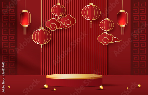 Podium stage chinese style for chinese new year and festivals or mid autumn festival with red background. mock up stage with festive lanterns and clouds. vector design.