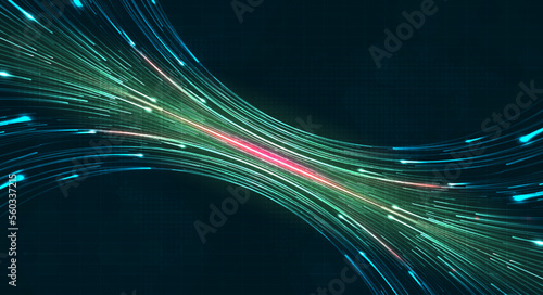 Green light streak, fiber optic, speed line, futuristic background for 5g or 6g technology wireless data transmission, high-speed internet in abstract. internet network concept. vector design.