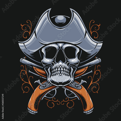 skull pirates with vintage gun illustration