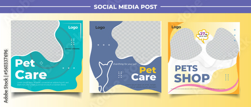 Pet shop social media post template design with photo collage.	