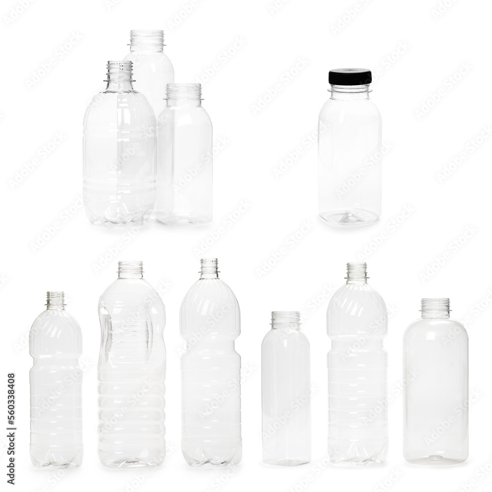 selection of quality photo collage of many different empty plastic bottles isolated on white background. production of new containers selection of quality photo collage of many different empty plastic bottles isolated on white background. production of new containers