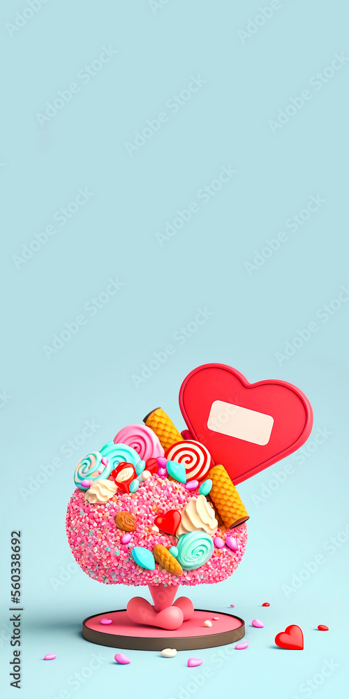 3D Render of Realistic Candies Heart Tree or Stand And Frame Space For Text or Message.