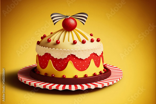 3D Render  Beautiful Colorful Cake of Amusement Park Theme Against Yellow Background.