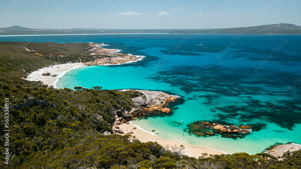 Aerial image of beautiful turquoise water at two peoples bay, Albany, Western Australia