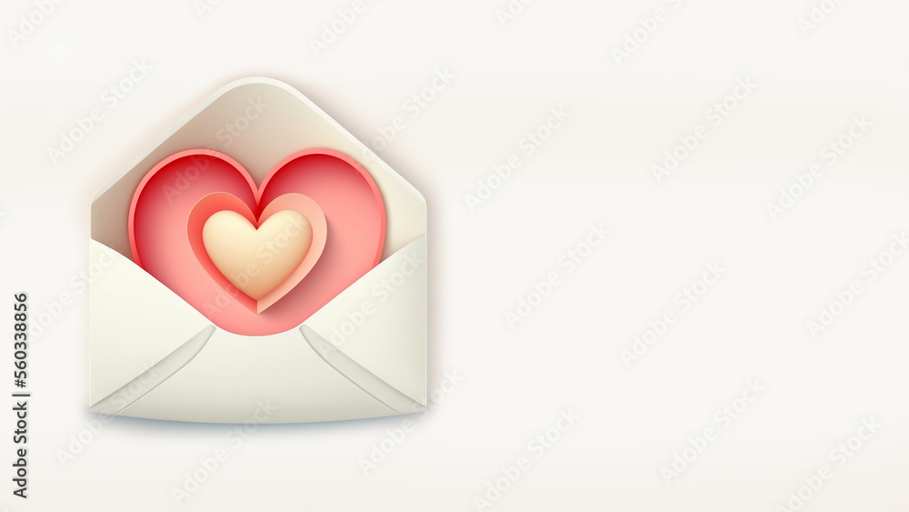 3D Render Of Paper Cut Heart Shape Inside Envelope In Pastel Color. 3D Render Of Paper Cut Heart Shape Inside Envelope In Pastel Color.