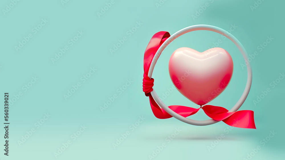 3D Render Glossy Heart Shape Balloon Tied With Ribbon In Circular Frame