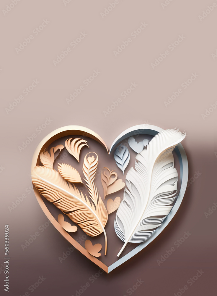 Beautiful Glossy, Paper Cut Feathers In Heart Shape Frame. Beautiful Glossy, Paper Cut Feathers In Heart Shape Frame.