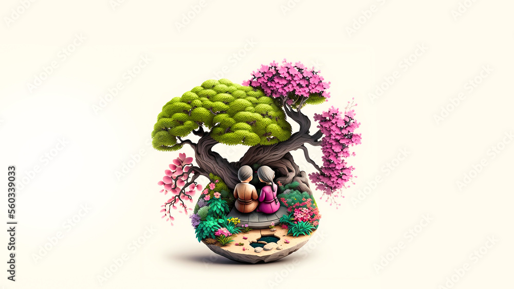 Clay Modeling of Japanese Couple Sitting In Bonsai Garden.