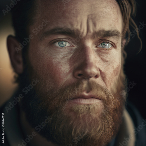 Generative ai portrait adult ginger bearded man looking camera serious and pensive © Eugenio Marongiu