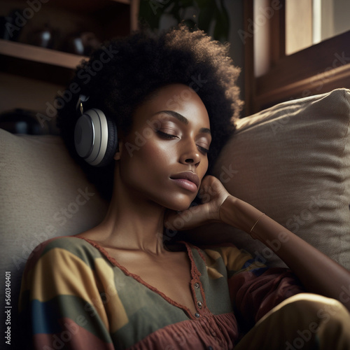 Generative ai pleased young black woman listening music headphones relaxing on sofa at home eyes closed