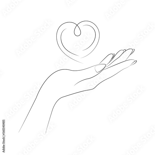 Outline drawing female hand with heart. Black linear sketch isolated on white background.