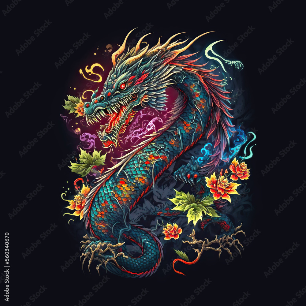 Asian dragon art illustration design. Neon floral dragon on black background. 2024 calendar symbol. Generative AI