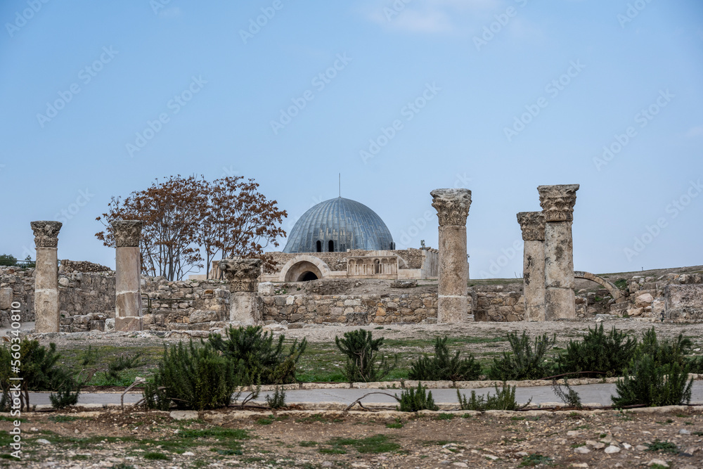 panoramic view of the ancient citadel on the mountain in the center of Amman in Jordan
