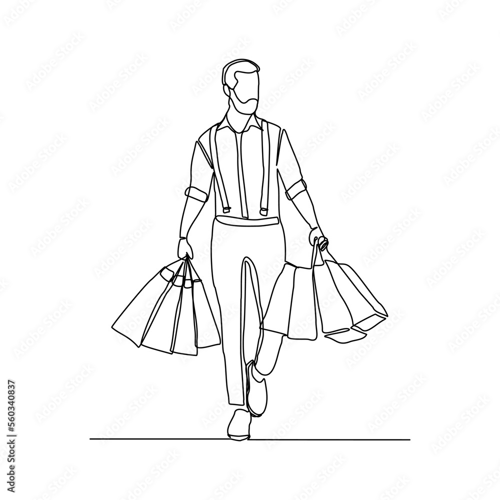 Continuous singe one line drawing art of happiness man holding paper shopping bags. Vector illustration of shopper big sale consumerism concept Continuous singe one line drawing art of happiness man holding paper shopping bags. Vector illustration of shopper big sale consumerism concept