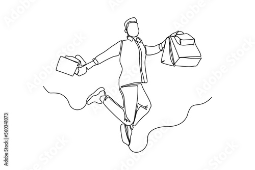 Continuous singe one line drawing art of happiness man holding paper shopping bags. Vector illustration of shopper big sale consumerism concept