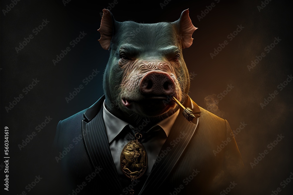 Gangster pig in a black three-piece suit and smoking golden cigar