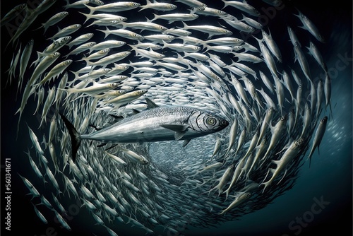  a large group of fish swimming in the ocean together in a tunnel of water with a fish swimming in the middle of the photo, and a large group of fish swimming in the middle.