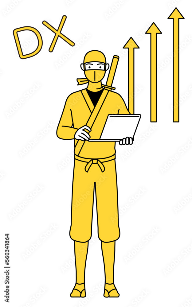 DXのイメージ、業務改善に成功した忍者のコスプレをした男性