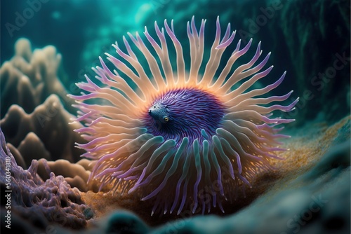  an underwater sea anemone with a blue center surrounded by corals and other corals on the ocean floor, with a blue background of blue water and white and green algae,.