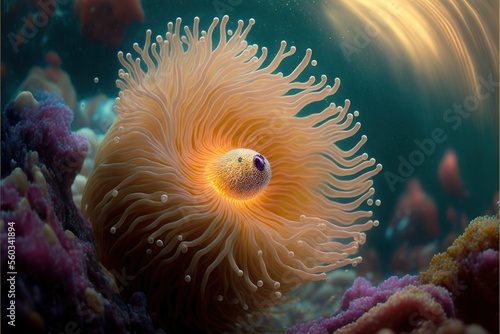 Obraz na plátne an orange sea anemone with a purple eye and a white ring around it's neck and a yellow ring around its neck and a yellow ring around its neck and a white