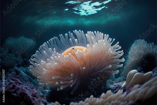  an orange and white sea anemone in the ocean with a blue background and a light blue sky above it, with a light blue water and white bubbles in the background, and a.