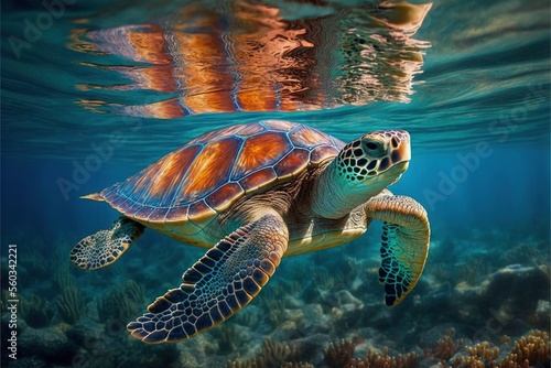 Fototapeta a turtle swimming in the ocean with a person in the background looking at it's reflection in the water, with a person in the background looking at the water, and a turtle