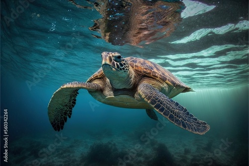  a turtle swimming in the ocean with a person in the background looking at it s back end and head above water surface  with sunlight reflecting off the water surface  and a few.